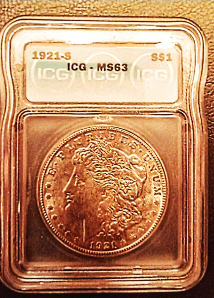 Beautiful Rare 1921 S MS63 ICG Certified Morgan Silver Dollar, Great Addition To Any Collection 