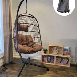  Modern Wicker Indoor & Outdoor Patio Swing Hanging Egg Chair with Khaki Cushion, Garden Rattan Hammock Chair with Stand