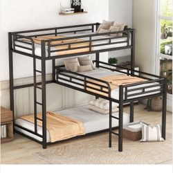 Metal Triple Twin Bunk Bed, Black 