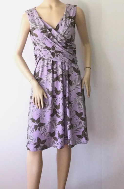 LANDS END Women’s Purple w/ Green Leaf Print Faux Wrap Dress