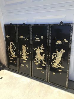 Set of 4 Black Lacquer Mother of Pearl Wall Panels