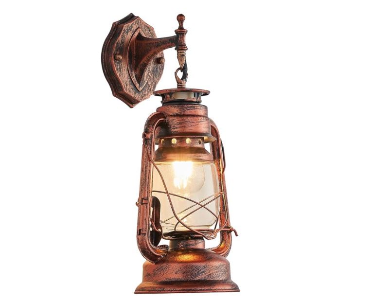 Rustic Wall Sconce Lighting Lantern Mounted Light with Glass Lampshade. antique copper
