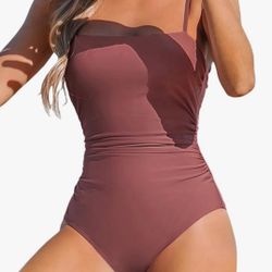 Medium Blush Red CUPSHE Women Swimsuit One Piece Bathing Suit Square Neck Cutout Back Tummy Control with Adjustable Spaghetti Straps