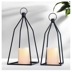 Modern Farmhouse Lantern Decorative 2Pcs Black Metal Outdoor Candle Lanterns