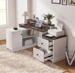 L-Shaped Desk with Storage Cabinet and Drawers