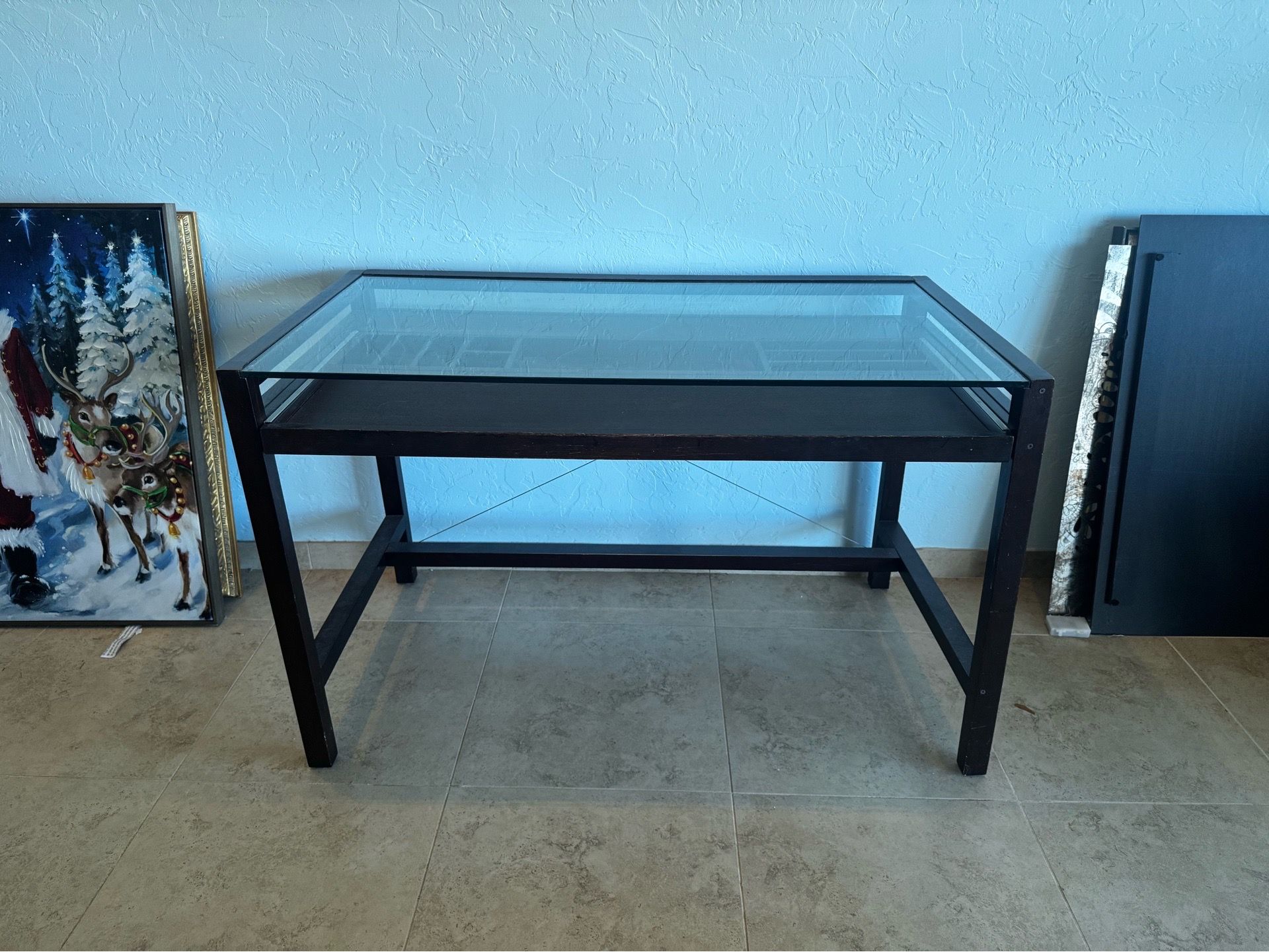 Desk- Crate & Barrel glass top with slide out drawer