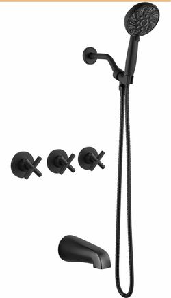 gotonovo 3 Handle Tub Shower Faucet Set,6 Mode Handheld Matte Black Three Handle/Knob Shower System with Tub Spout, 6 Mode ABS Handheld Spray, Bathtub