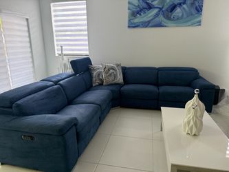 Blue Fabric Sectional Sofa with Recliner
