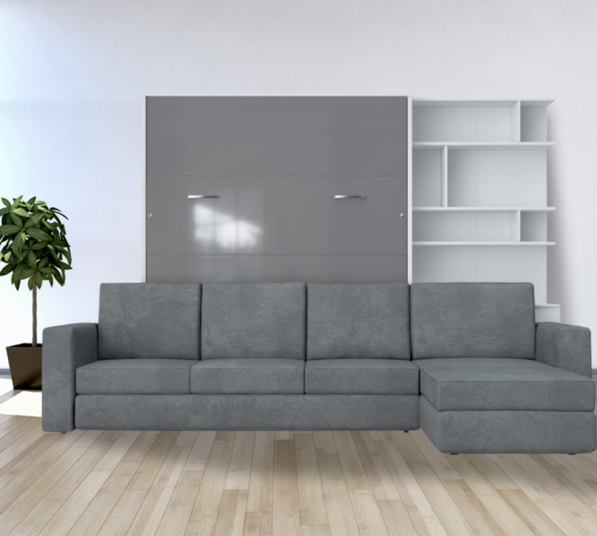 Murphy Bed European Queen size with a Sectional Sofa and a Bookcase, INVENTO (White / grey)