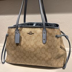 Beige/Lt. Blue Coach Bag - Drawstring Carryall In Signature Canvas