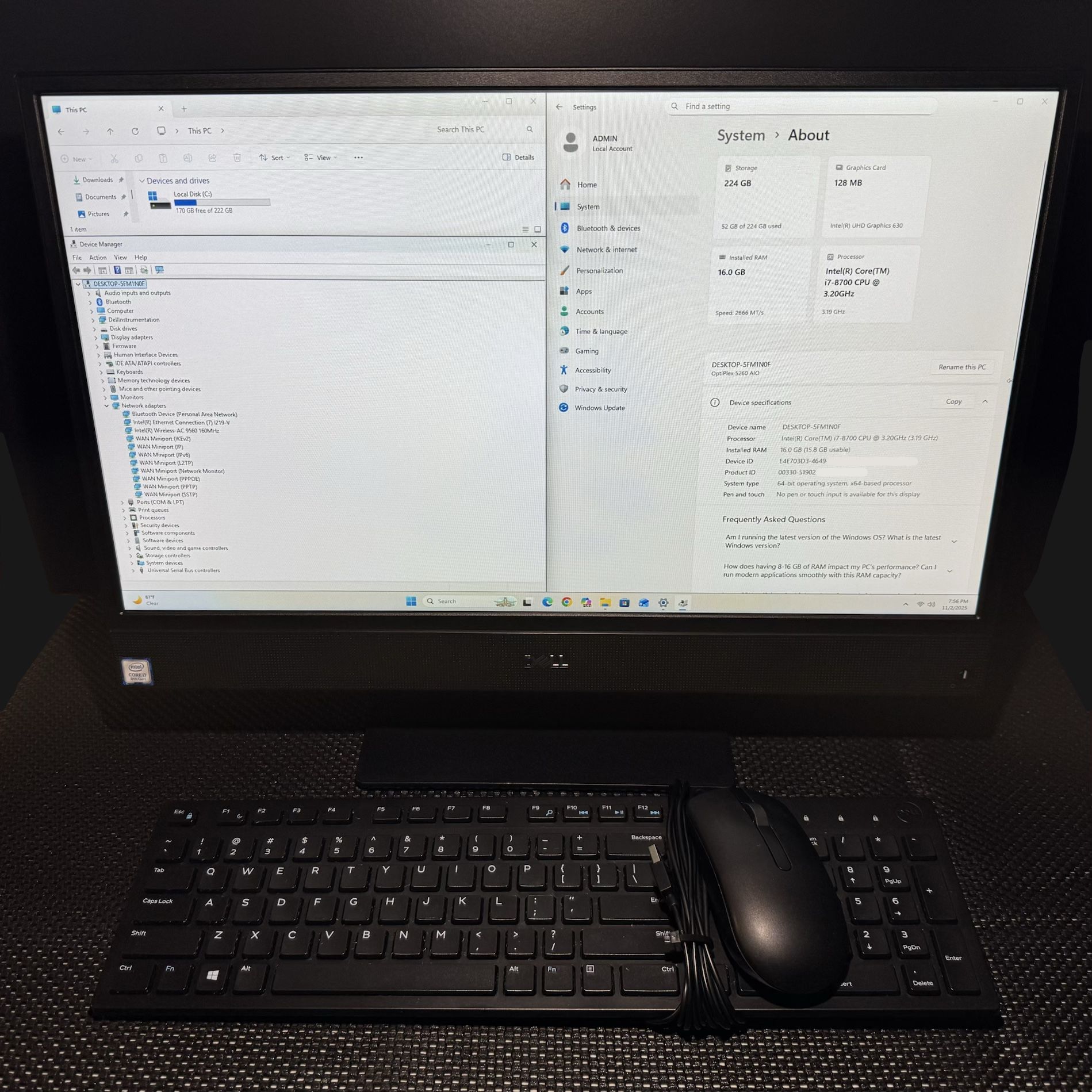 DELL OPTIPLEX 5260 21.5" ALL IN ONE,  i7, 16GB DDR4, 240GB SSD, WIN11 PRO