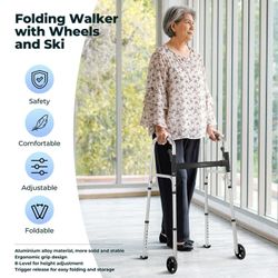 Folding Walkers for Seniors, Lightweight Mobility Walker with Trigger Release and Glide Skis, Silver