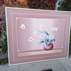 Vintage Painting Oil On Canvas XL Mauve Framed Art Retro 80s Floral Flowers Flower Artwork 1970s 1980s