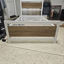 New White Metal And Wood Bedframe, Black Bed Frame And White Faux Leather