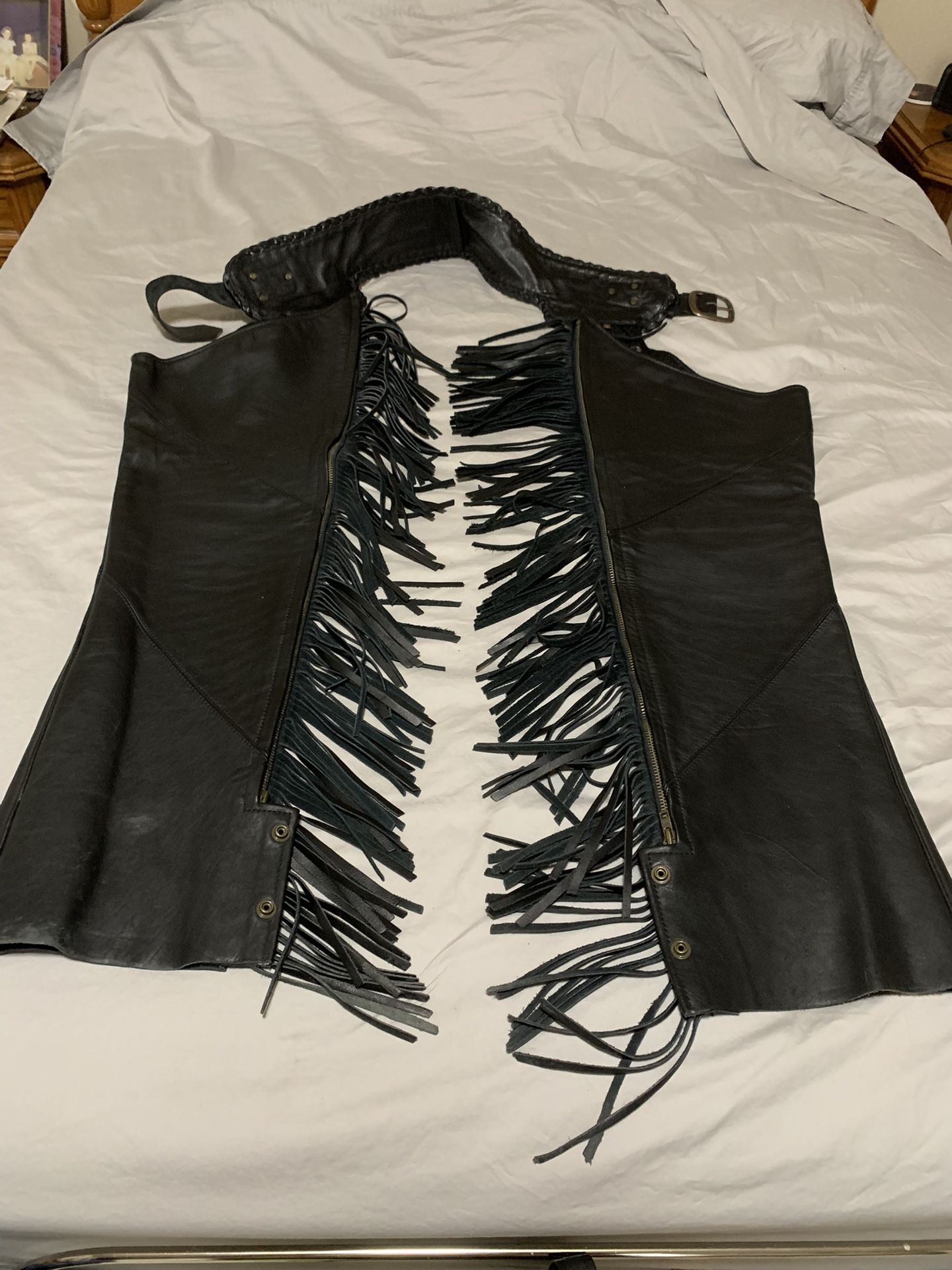 Harley Davidson Black Leather Willie G Chaps With Fringe. 