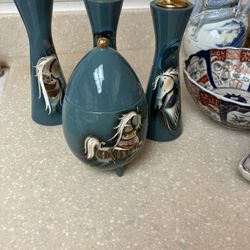 Sascha Brastoff Vintage Salt Pepper Shakers, Lighter And  Candy Bowl With Lid 