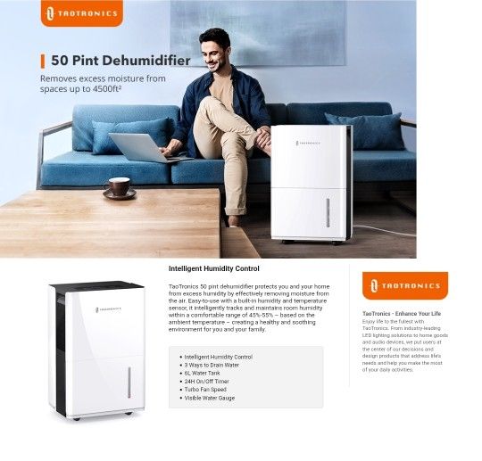 Taotronic 6L Dehumidifier 50 Pints, 4500 Sq. Ft Energy Star