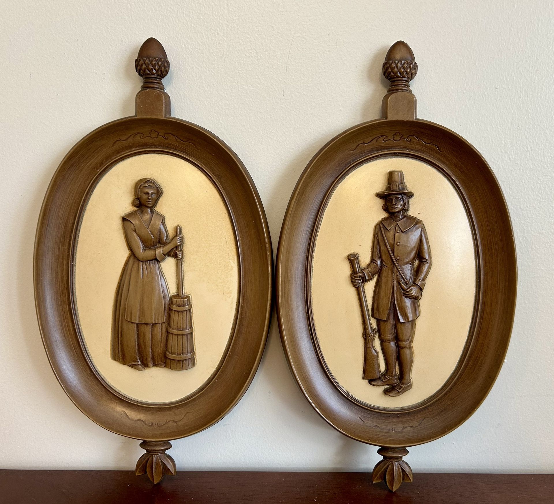 1960s SYROCO Wall Plaques Colonial Man & Woman