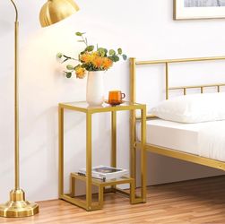 Gold Nightstand ,Modern Tempered Glass Side Table with Open Shelf & Metal Frame, Heavy-Duty Square Coffee Table End Table for Living Room Bed