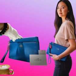 Coach  Bag Vibrant Blue Wristlet with Pink Accent