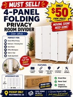 Like New 4-panel folding privacy room divider screen-white-$50