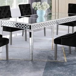 Brand New Black Silver Mirrored Velvet 7pc Dining Table Set