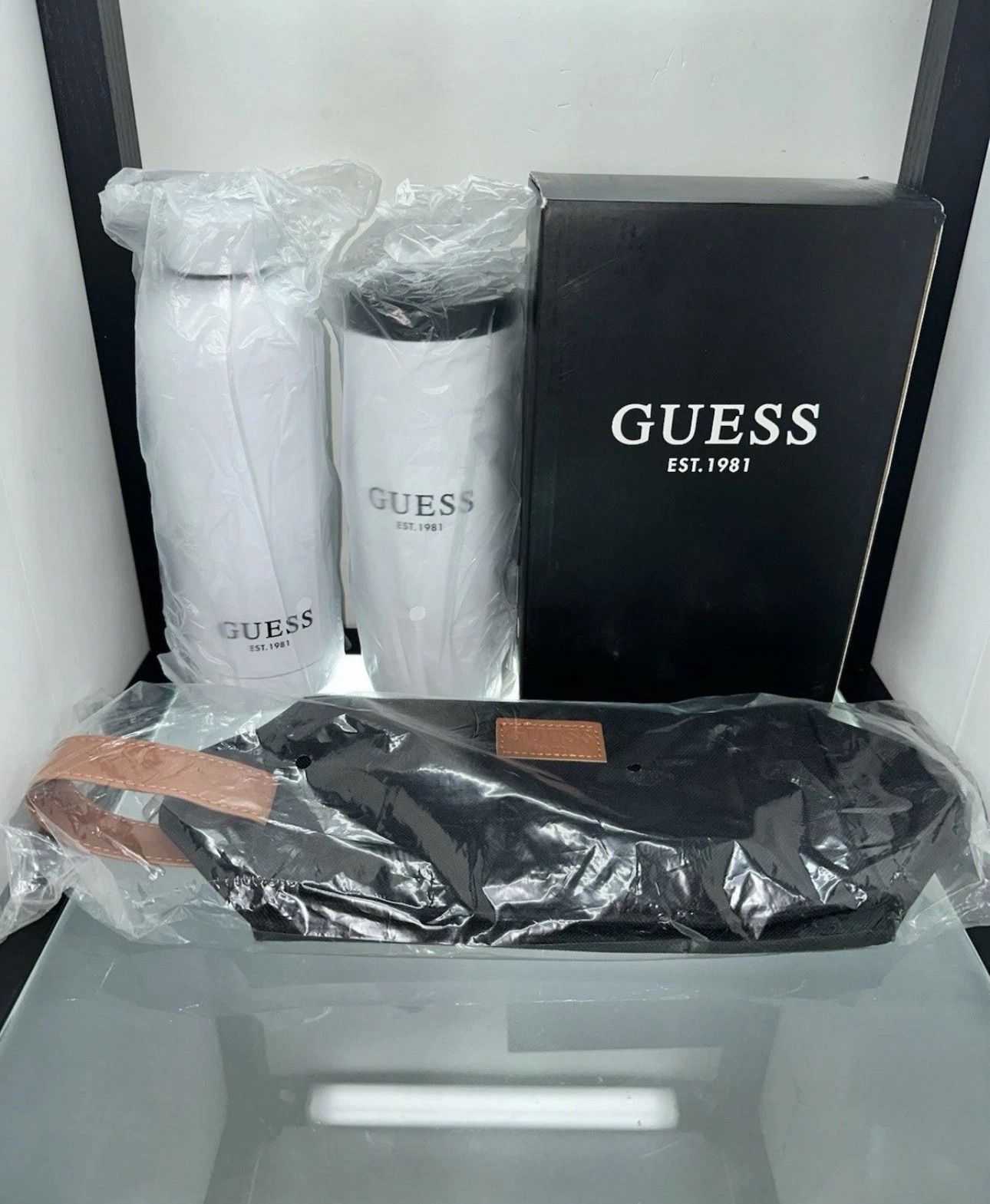 GUESS Metal White & Black Travel Water Bottle / Coffee Cup & Black Zipper Bag