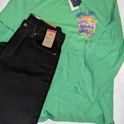 Men's Polo Long Sleeve Shirt With Levi Jeans (Shirt Size Large) (Pants Size 34x39)