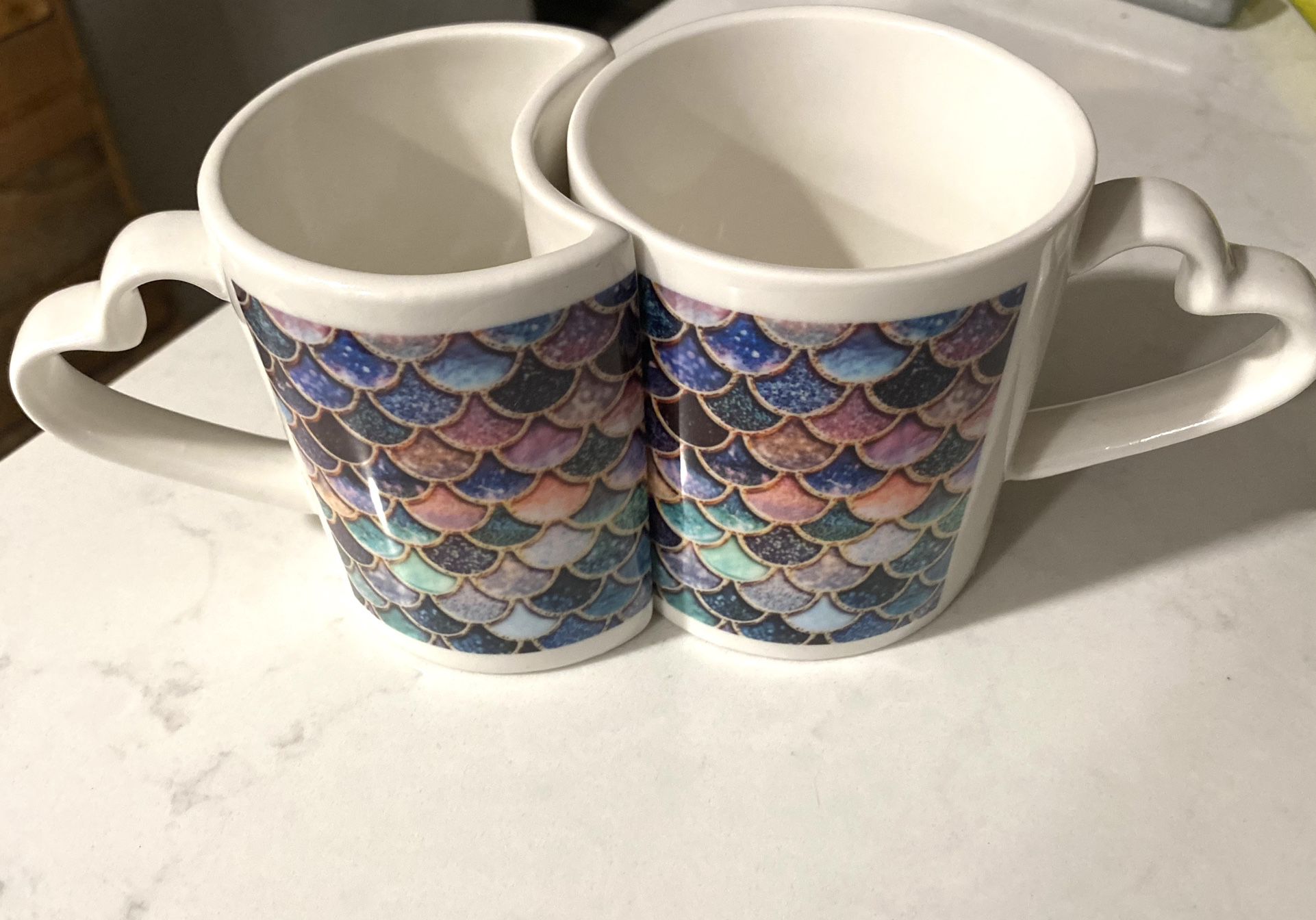 Glitter Mermaid Scales Coffee Mug Set - Made to perfectly fit together - with Heart Handles 