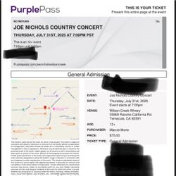 Two General admission tickets Joe Nichols country concert At Wilson creek