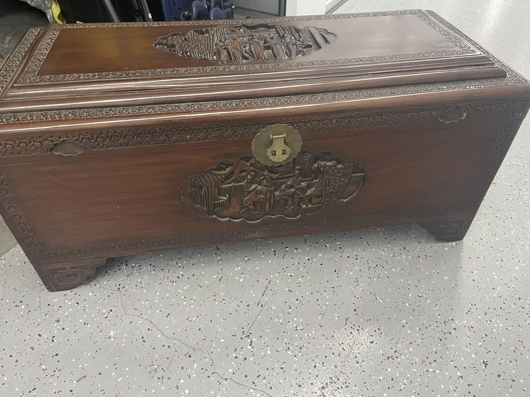 Dark Brown Asian Trunk/Chest - Carved motifs In Top And Side