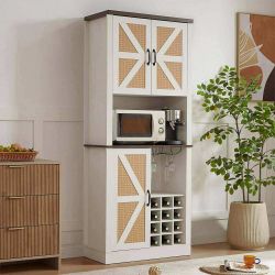 76'' Tall Rustic Farmhouse Kitchen Faux Rattan Wine Cabinet, Large Wooden Faux Rattan Storage Cabinet with Barn Doors and Microwave Shelves, White