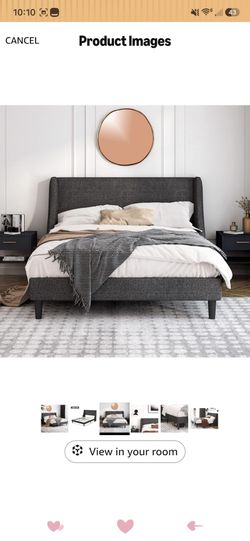 Einfach Queen Size Platform Bed Frame with Wingback Headboard/Fabric Upholstered Mattress Foundation with Wooden Slat Support, Dark Grey