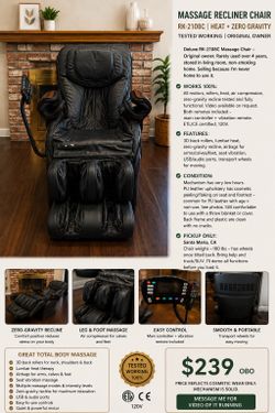 Massage Recliner Chair RK-2108C Heat Zero Gravity $239 OBO Tested Working 100%