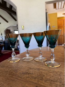 4 Venetian cameo glasses, turquoise and gold, Italy, mid-century barware