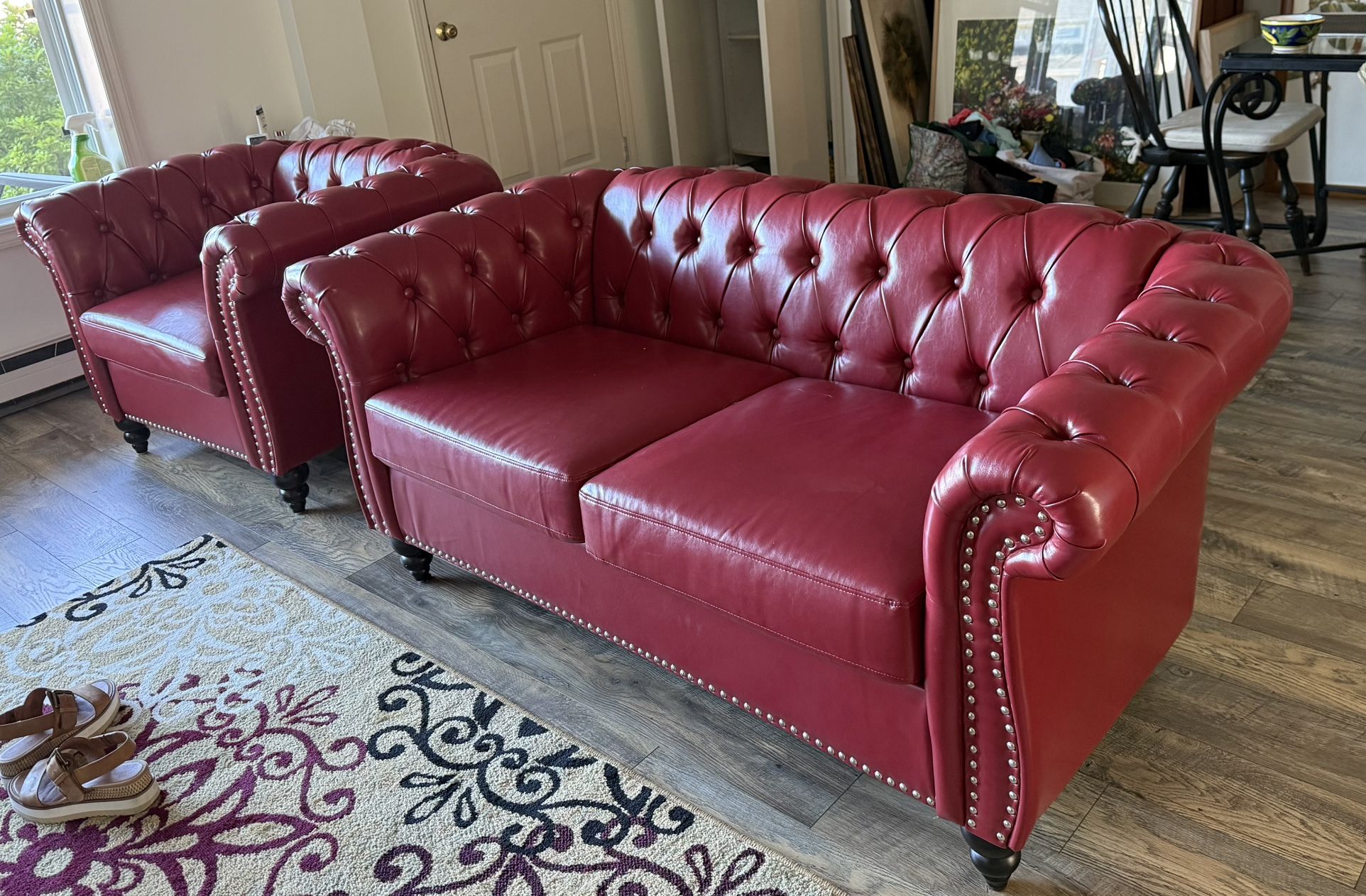 Small red couch and chair in excellent condition