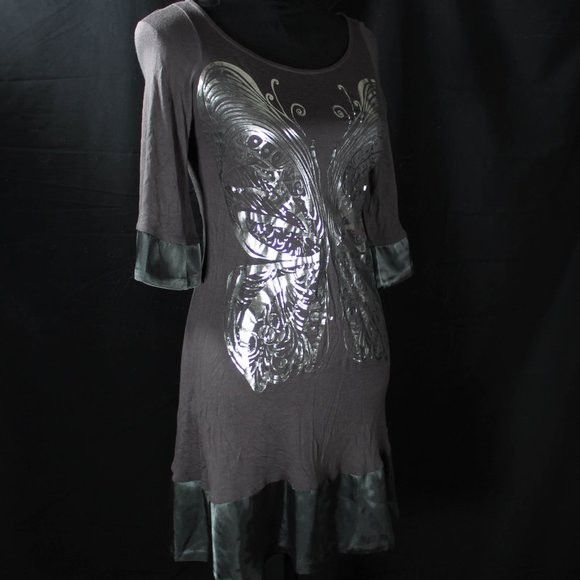 Y2K Metallic Graphic Butterfly Grey Dress Tunic