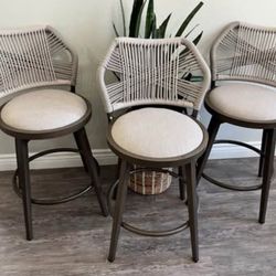 Outdoor Bar Stools Set of 3, 360° Swivel Aluminum Rattan Barstools, Olefin Rope Counter Height Bar S