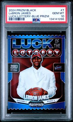 2024 PANINI PRIZM BLACK LUCK OF THE LOTTERY #7 LEBRON JAMES LUCK/LOTTERY-BLUE PRIZM /199 PSA 10