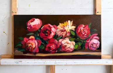 Velvet Peonies – Original Floral Oil Painting on Canvas, 10x20” Wall Art