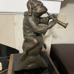 Vintage Sarreid  Bronze Sculpture an Anthromorphic Frog Playing a Flute 14x10x 7