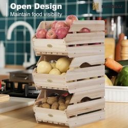 Wooden Stackable Produce Basket Storage Bins, Set of 3