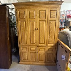 Traditional Oak Computer Armoire with Fold-Out Desk & Storage