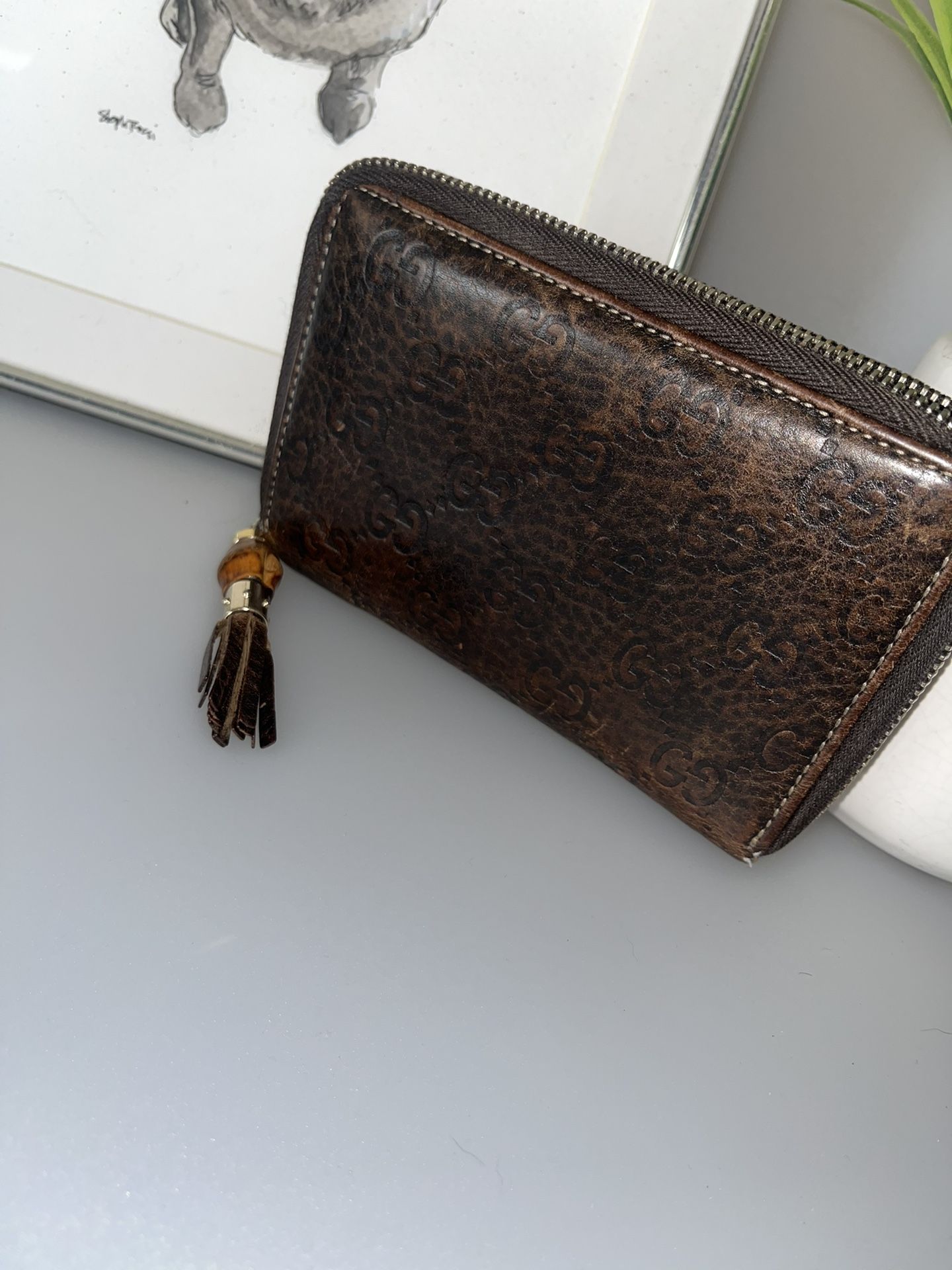 Gucci Brown Guccissima Leather Bamboo Tassel Zip Around Wallet w COA
