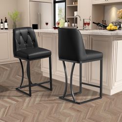 Black Counter Height Bar Stools Set of 2, 24 inch Counter Stools Pu Leather Modern Bar Chairs with Back for Kitchen Island
