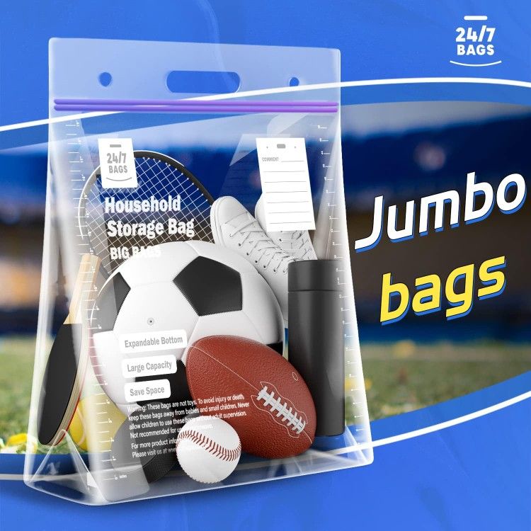 15 XXL Plastic Storage Bags – 10 Gallon, Double Zipper, Thick, Carry Handle, 24" x 20"x 7"