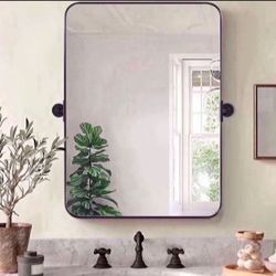 MOON MIRROR 24"x36" Matte Black Pivot Mirror for Bathroom, Metal Frame Bathroom Mirrors for Wall，Rectangle Titling Vanity Wall Mirror with Rounded Cor