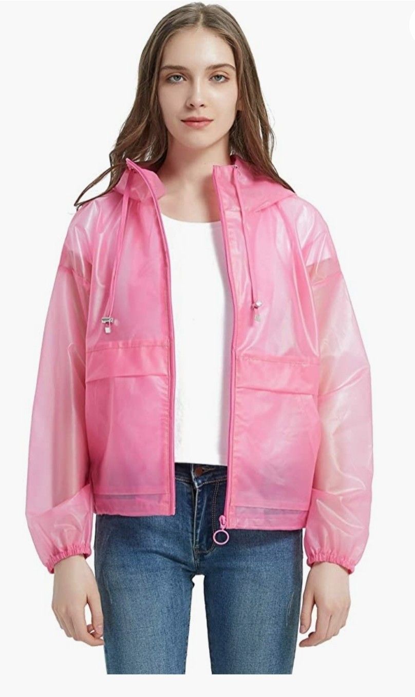 Bellivera Women's Transparent Coats with Hood,The Lightweight Jacket Water Resistant for Spring and Fall, Pink, Large