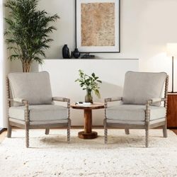 Linen Fabric Spindle Accent Chairs Set of 2,Spool Chairs with High Resilience Spring Cushion and Armrest Pads, Leisure Armchair for Living Room Bedroo