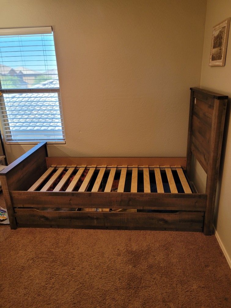 Twin Size Bed Frame With Large Sliding Storage Drawer 